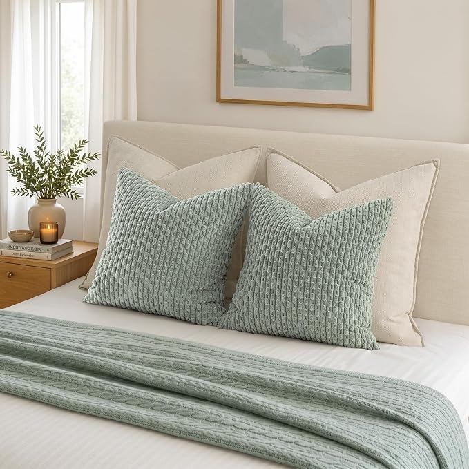 MIULEE Decorative Throw Pillow Covers 16x16 Greyish Green Textured Corduroy | Pack of 2 Striped Pillow Covers Modern Farmhouse Home Decor for Couch Bed Sofa Living Room