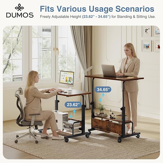 DUMOS Rolling Desk, Storage Shelves, Laptop Table, Home Office | Height Adjustable Design, Computer Desks on Wheels, Portable for Small Spaces Use, Rustic Brown