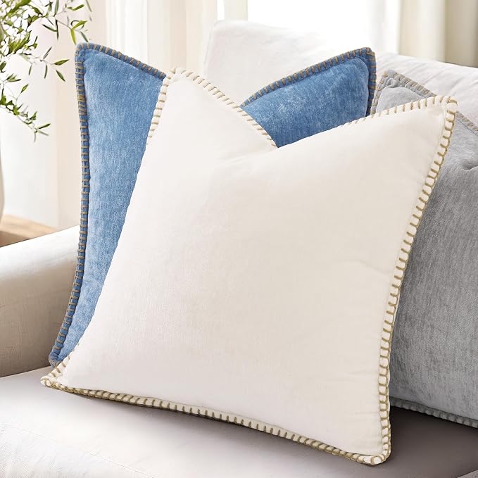 decorUhome Soft Chenille Throw Pillow Covers 26x26 Set of 2 Blue | Fall Textured Decorative Throw Pillow Cases Stitched Edge Modern Farmhouse Luxury Boho Velvet for Couch Sofa Bed Home Decor