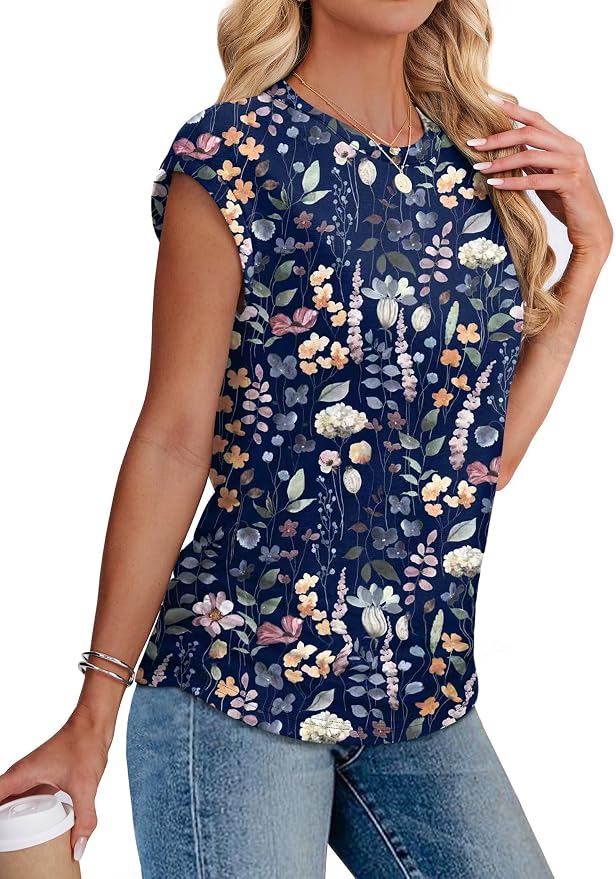 Sampeel Womens Summer Tops Trendy 2026 Ruched Cap Short Sleeve Tshirts Shirts Crew Neck T Shirts Fashion