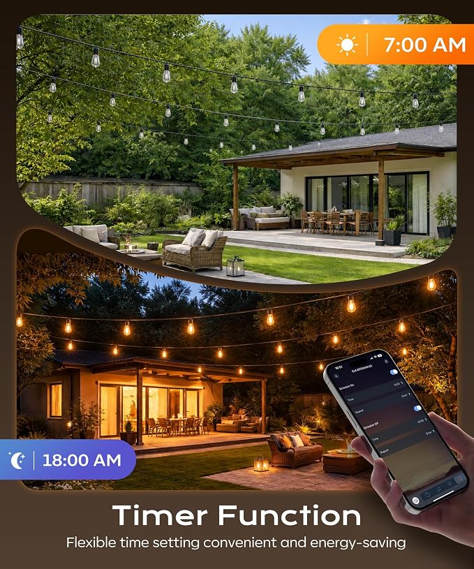 Outdoor String Lights, 100FT Patio Lights for Outside, Smart App & Remote Control with Timer, Dimmable with 4 Scene Modes, Warm White Waterproof LED Bulbs for Garden, Yard and Backyard Decor