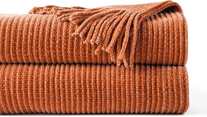 BATTILO HOME Rust Orange Throw Blanket for Couch, 60"x80" | Soft Chenille Throw Blanket with Tassels for Fall Decor, Fall Throw Blanket for Home Decoration