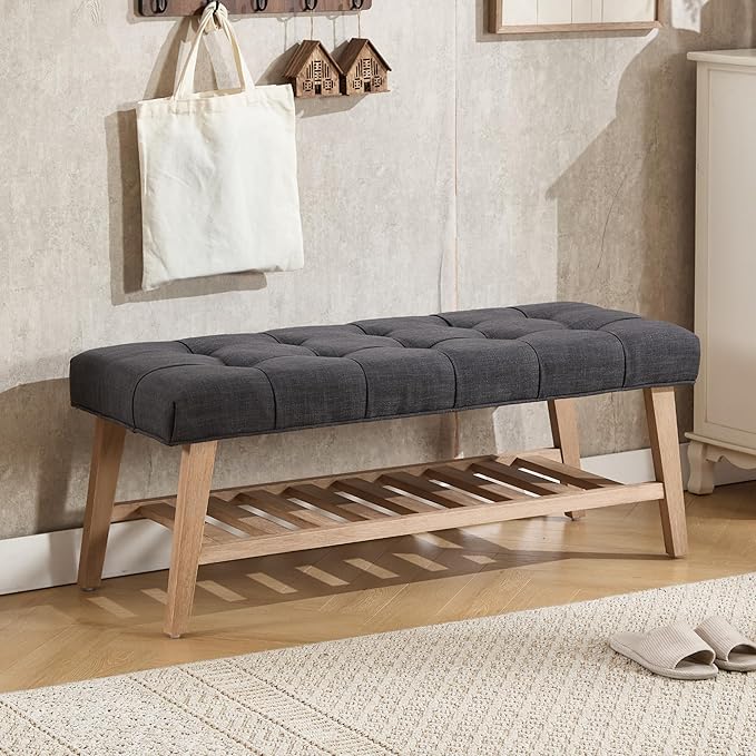 Entryway Shoe Bench Storage Benches with Upholstered Button Tufted Seat and Open Slatted Shelf Linen Ottoman Bench for Hallway Living Room Bedroom End of Bed, Charcoal
