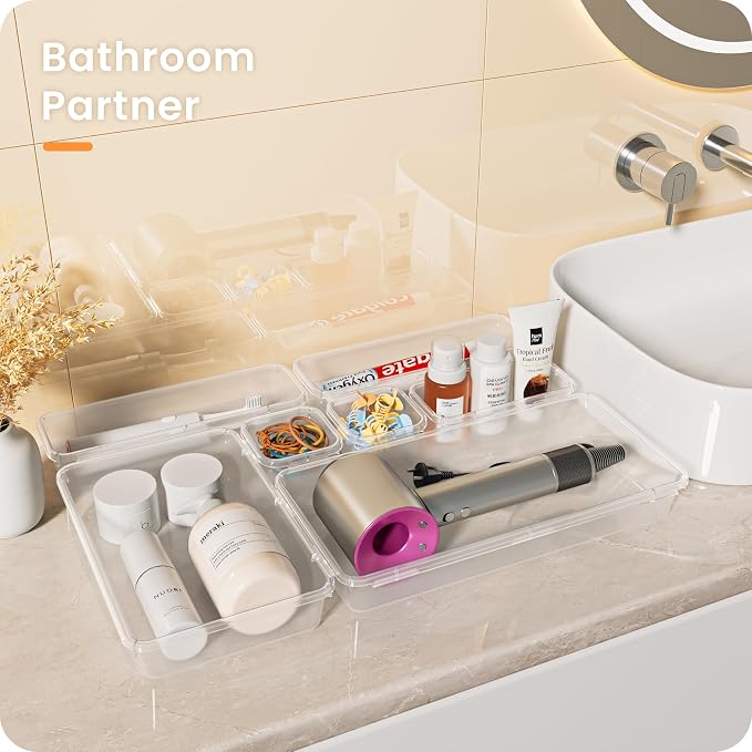 A-LuGei 【Military Grade】 Drawer Organizer,【】 Makeup organizer,【Holds 177 Items】 Bathroom Organizers and Storage,Organization and Storage,Desk Drawer Organizer for Vanity【Clear】