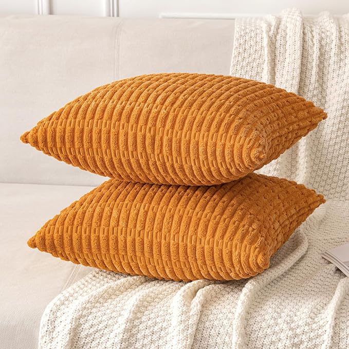 MIULEE Fall Pack of 2 Burnt Orange Corduroy Decorative Pillow Covers 18x18 Inch Soft Boho Striped Throw Pillow Covers Modern Farmhouse Home Decor for Sofa Living Room Couch Bed