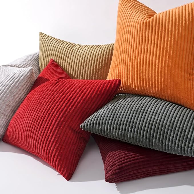 MIULEE Soft Corduroy Throw Pillow Covers Set of 2 16x16 Christmas Red | Decorative Striped Textured Cushion Cases, Boho Energetic Vibe Pillowcases, Home Decor for Couch Chair Sofa Bed Living Room