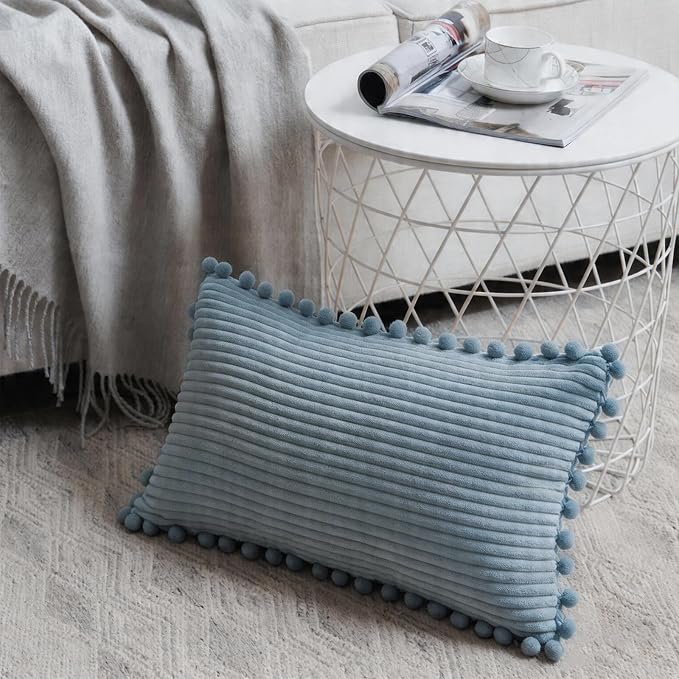 Fancy Homi Set of 2 Light Blue Lumbar Decorative Throw Pillow Covers 12x24 Inch with Pom-poms for Couch Bedroom Sofa, Farmhouse Boho Home Decor, Soft Corduroy Solid Baby Blue Cushion Case 30x60 cm