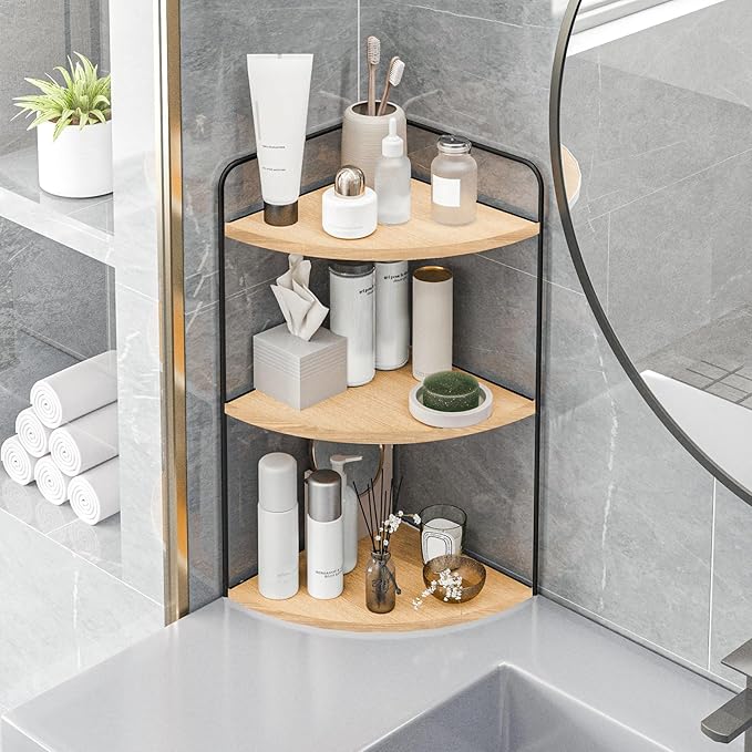 Forest Angle Bathroom Counter Organizer,Countertop Organizer,Vanity Organizers,Bathroom Storage,Bathroom Sink Caddy,Counter Shelf,Corner Counter,Corner Shelves(Black-Burlywood)