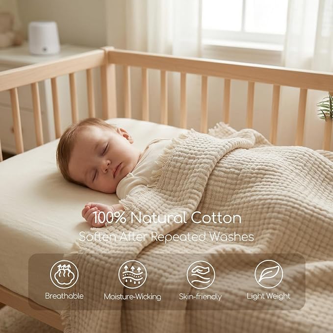 WDCOZY 100% Cotton Muslin Blanket Queen Size 4-Layer for Bed Breathable Lightweight Soft Large Boho Farmhouse Linen Tassels Ruffle Gauze Blankets All Season for Adults 90x90 Inches Beige Tan Neutral