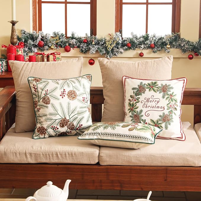 French Chrismas Velvet Throw Pillow Cover,Set of 4-Carol ABCF | Vintage Elegant Pillow Cover,Concealed Zipper Design,Pinecones Pattern,Sofas,Bedroom,Living Room,Lounge Chairs