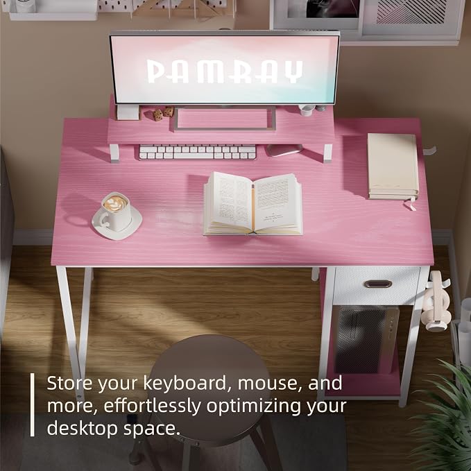 Pamray 39 Inch Small Computer Desk with Monitor Stand and Drawer for Gaming | Small Gaming Desk, for Bedroom Small Spaces, Home Office, Dorm and Apartment, for Writing, Study and Working