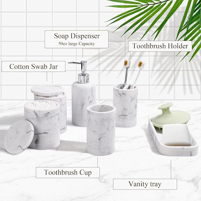 Bathroom Accessories Set, 6-Piece Bathroom Accessory Set, Toothbrush Holders Set, Soap Dispenser, Vanity Tray, Tumbler, Cotton Swab Jars, Bathroom Organizer for Modern Bathrooms (Marble White)