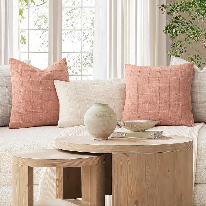 Foindtower Set of 2 Decorative Linen Check Throw Pillow Covers Neutral Farmhouse Vintage Cushion Covers Modern Boho Accent Home Decor for Sofa Chair Couch Bedroom Living Room,26×26 Inch,Coral Pink