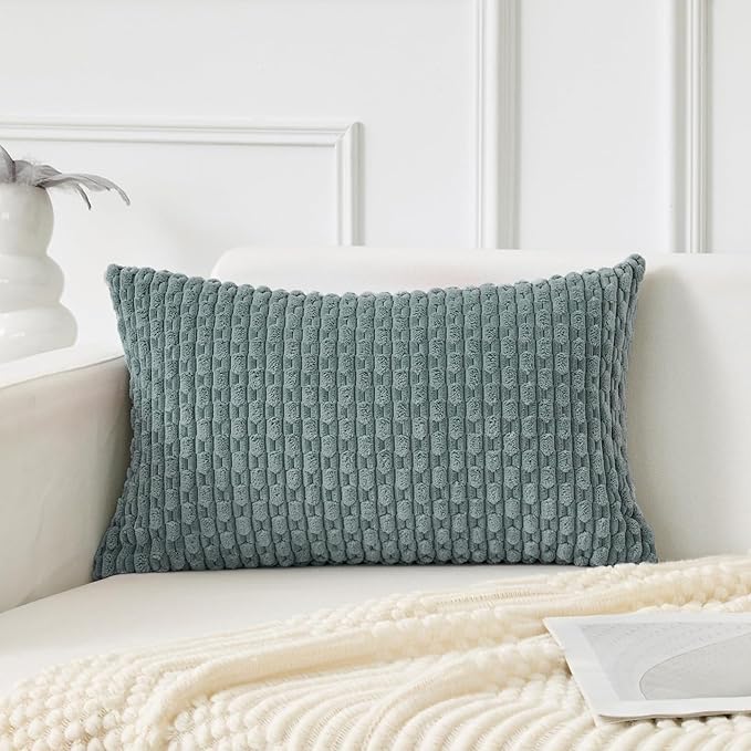 Kevin Textile Soft Corduroy 16"x24" Lumbar Pillow Cover 1 Pack, Teal Green | Boho Stripe Plush Corduroy Decorative Oblong Cushion Cover Modern Farmhouse Home Decor for Sofa Couch Bed Chair
