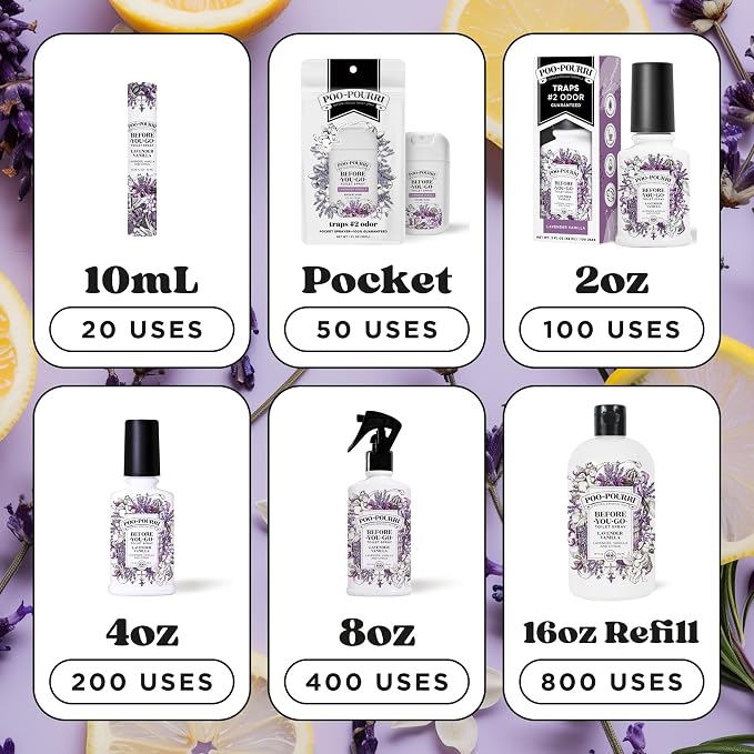 Poo-Pourri Before-You-Go 8oz Air & Toilet Freshener Lavender Vanilla Spray – Instantly Works to Trap Bathroom Odor – Plant Based Ingredients & Essential Oils – with Lavender, Vanilla & Citrus