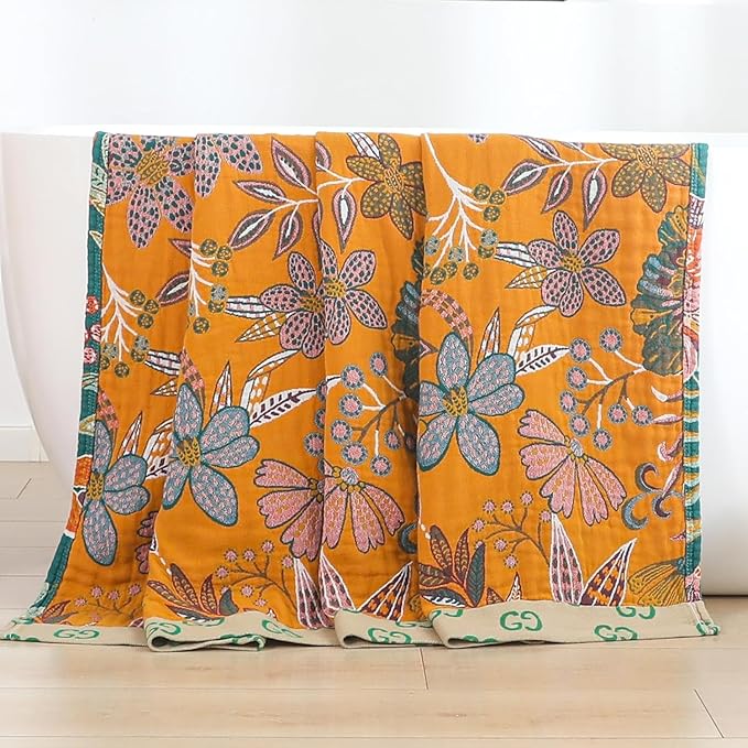 Fall Throw Blankets Reversible Luxurious Cotton Bed Throws with Vintage Bohemian Design & Yellow/Green Lightwight Floral Decor Blanket, Perfect as Bed Sofa Quilt 90" x 98"