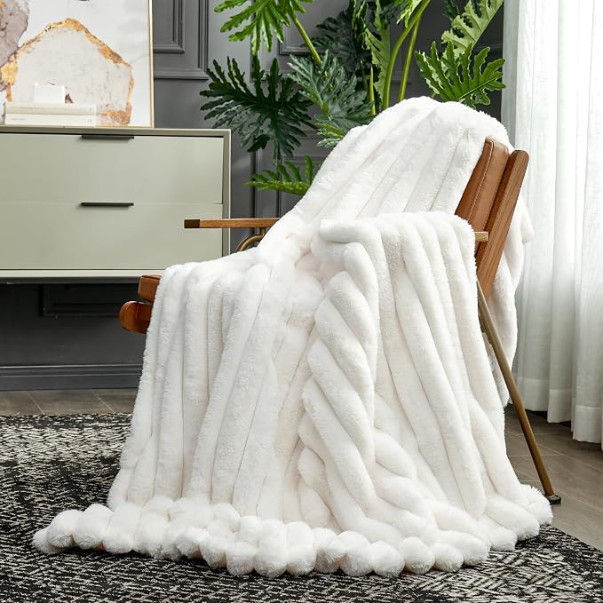 Cozy Bliss Faux Fur Throw Blanket for Couch, Cozy Warm Plush Striped Blanket for Sofa Bedroom Living Room, 60 * 80 Inches Cream White