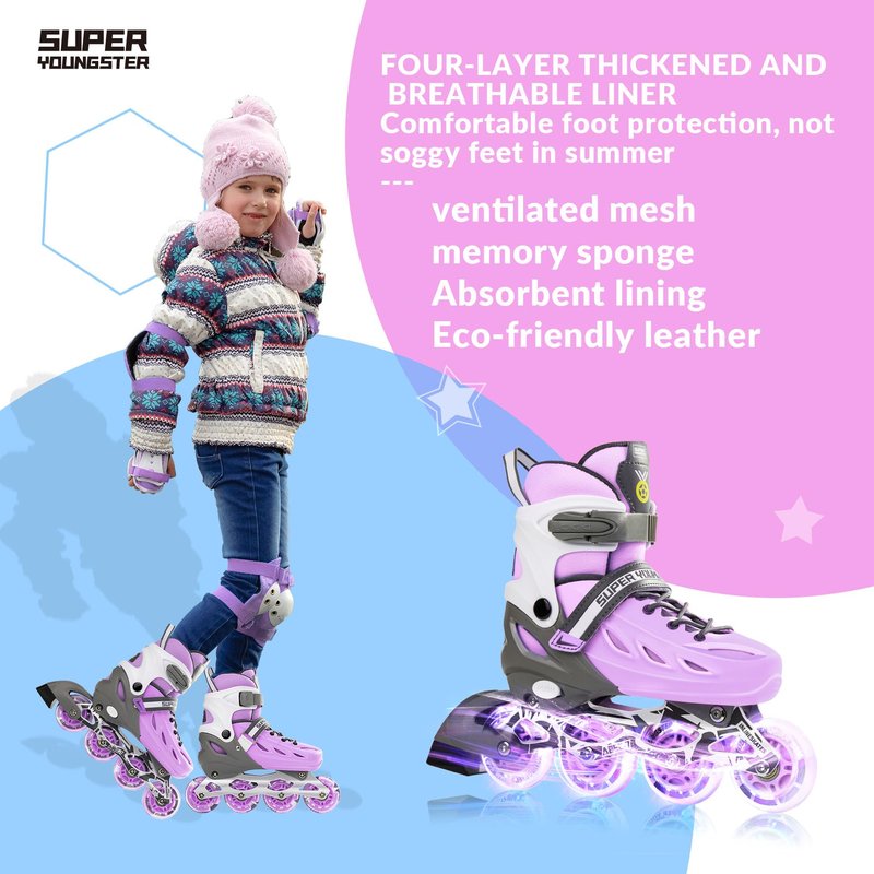 SUPER YOUNGSTER Adjustable Inline Skates for Boys Girls Ages 4-12 with Light Up Wheels, Roller Skates Blades for Youth Kids Indoor & Outdoor Beginners