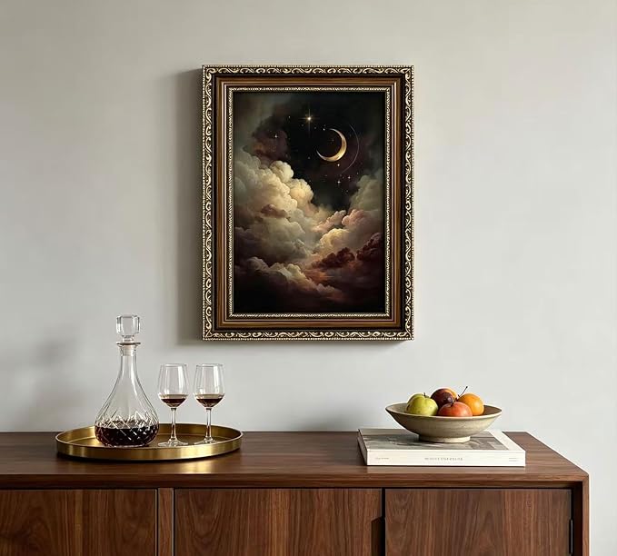 Vintage Gold Framed Crescent Moon Cloud Wall Art, Dark Academia Celestial Starry Sky Oil Painting Print, Antique Ornate Mystical Night Sky Wall Decor, Gothic Cottagecore Home Decor, 9x11in