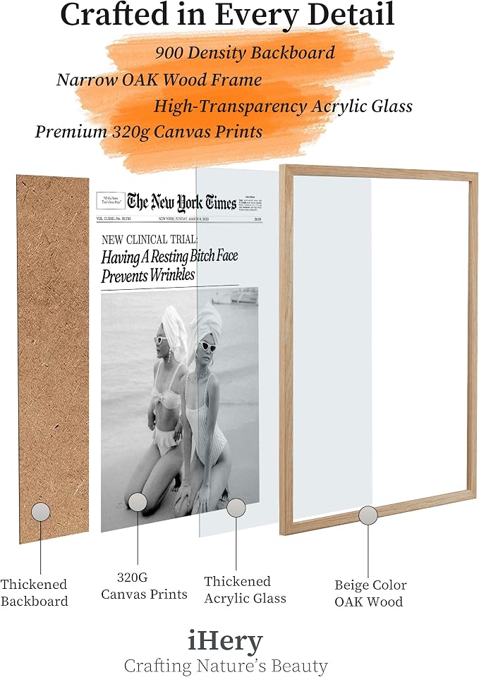 iHery 12x16in Funny Beach Girls Framed Newspaper Wall Art | Natural OAK Wood Frame with Canvas Print, Retro Magazine Decor for Bathroom, Bedroom, Girl Dorm, Living Room 1Pack