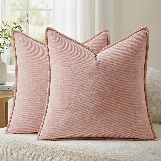 a moment Pack of 2 Decorative Chenille Throw Pillow Covers with Twill Cushion Covers for Sofa Living Room Couch Bed 20x20 Inch,Crafted Border Blush Pink