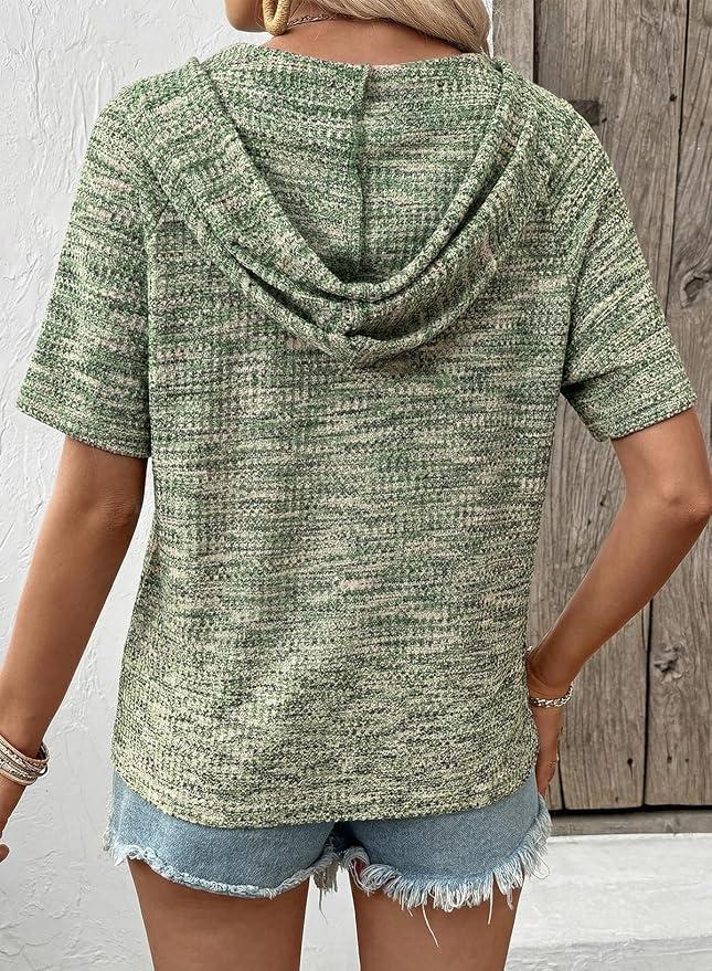 Dokotoo Womens Summer Tops 2026 Short Sleeve Button V Neck Waffle Knit Lightweight Drawstring Hoodies Casual Blouses Shirts