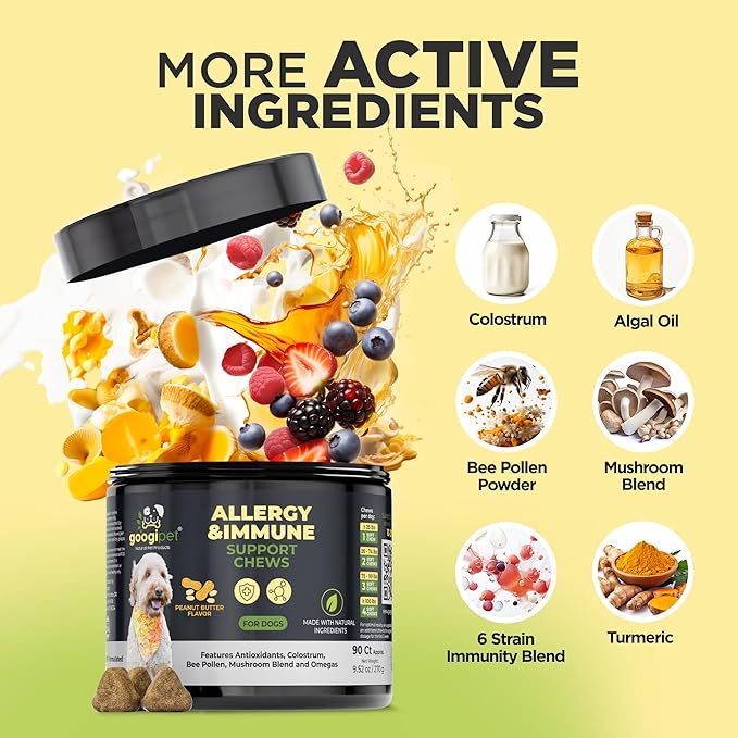 Googipet Dog Allergy Chews, Seasonal Dog Allergy Relief & Itchy Skin Relief, Skin & Coat Supplement +Bee Pollen, Colostrum, Coconut Oil, Probiotics, & Omega 3 Fish Oil for Dogs (Peanut Butter Flavor)