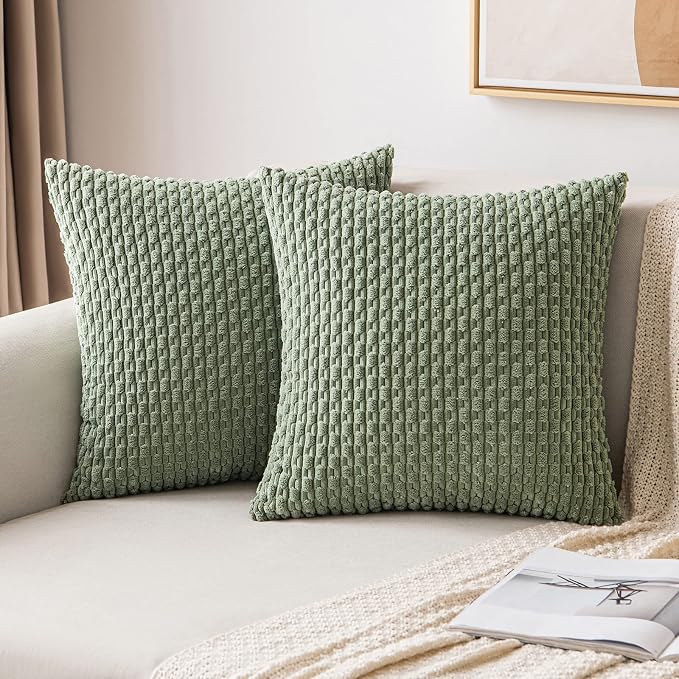 MIULEE Decorative Throw Pillow Covers 20x20 Sage Green Textured Corduroy | Pack of 2 Striped Pillow Covers Modern Farmhouse Home Decor for Couch Bed Sofa Living Room