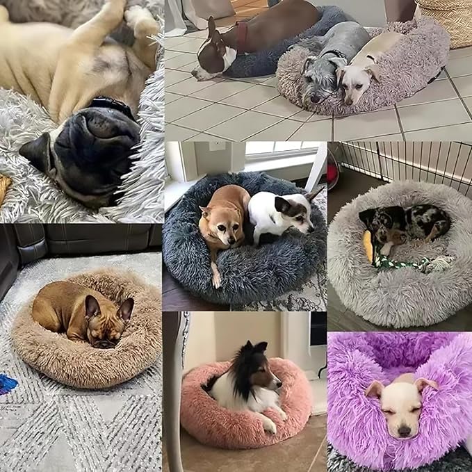 Calming Dog Bed for Small Dogs, Calming Donut Cuddler Pet Bed Anti Anxiety Round Dog Bed Fluffy Plush Faux Fur Cat Bed,Khaki,15.7IN