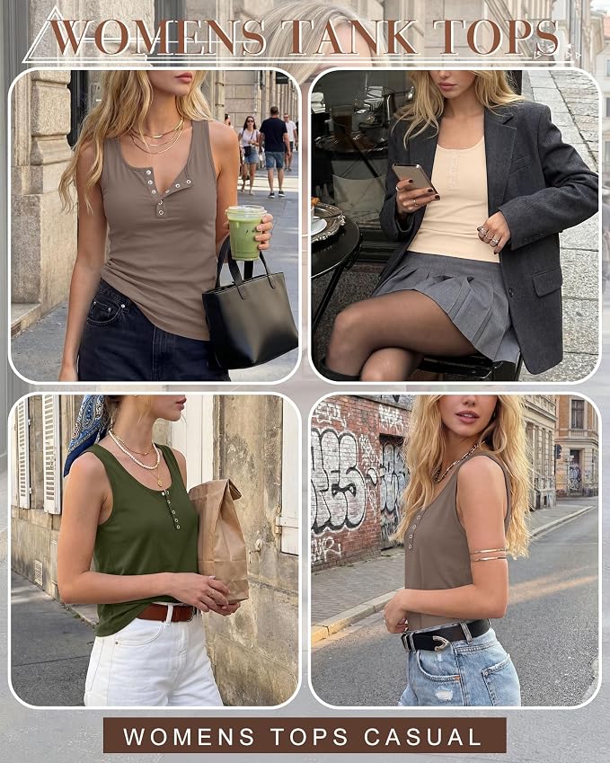 Ficerd 3 Pack Women's Henley Tank Tops Sleeveless Button Down Summer Shirts 2026 Casual Trendy Loose U Neck Tee Blouses