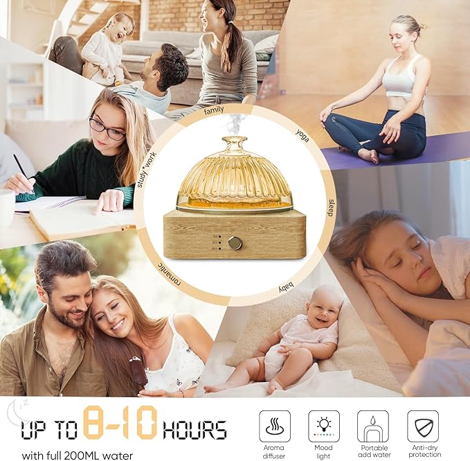 Glass Dome Essential Oil Diffuser with Glass Reservoir & Wood Base-No Plastic, 200ml Ultrasonic Diffuser for Aromatherapy with Timer 7 Color Light Auto-Off for Home Office Yoga Pilates