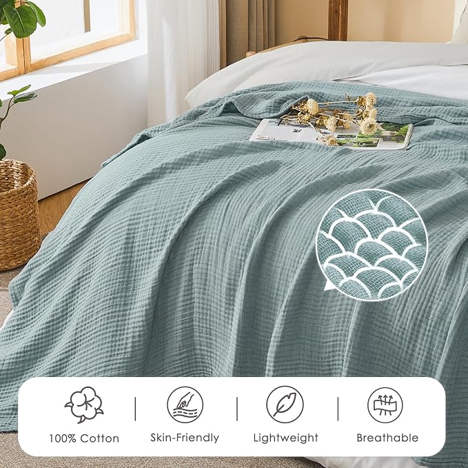 EMME Muslin Blankets for Adults, Cotton Large Throw Blanket 4-Layer, Couch Breathable Gauze Soft Lightweight Bed Blankets, Two-Tone Weave Design, Pre-Washed Softer Touch (Heather Teal, 50"x70")