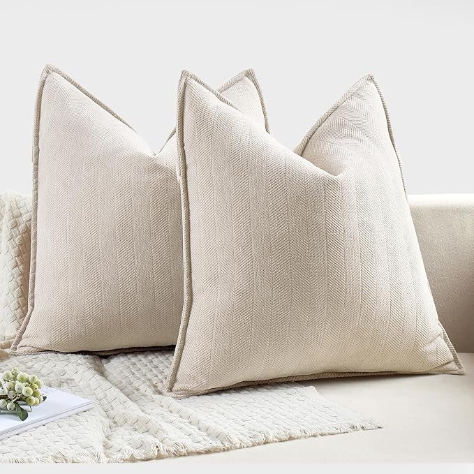 MIULEE Pack of 2 Cream Beige Euro Shams Chenille Pillow Covers 24x24 Inch | Decorative Soft Couch Throw Pillows,Farmhouse Cushion Covers,Elegant Design for Sofa,Bed,Living Room,Summer Decor