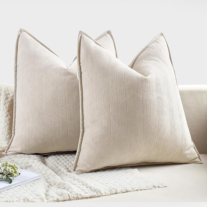 MIULEE Pack of 2 Cream Beige Decorative Chenille Pillow Covers 20x20 Inch | Soft Couch Throw Pillows,Farmhouse Cushion Covers with Elegant Design for Sofa,Bedroom,Living Room,Spring Home Decor