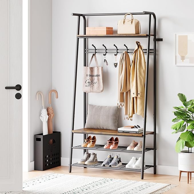 Jojoka 31" Coat Rack, Hall Tree with Shoe Bench and Storage, 4-Tier Shelf with 5 Hooks, Freestanding Metal Entryway Organizer for Hallway, Accent Furniture for Bathroom