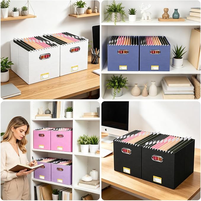 BALEINE File Organizer Box, Cardboard File Folder Organizer with Handle for Letter Size, Portable Collapsible Hanging Filing Box for Home Office Document Storage (4 Pack, Large Pink)