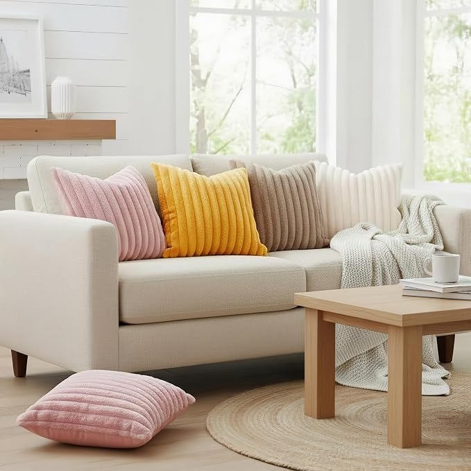 decorUhome Fall Faux Fur Throw Pillow Covers 18x18 Set of 2 Cream White | Decorative Soft Cozy Striped Plush Modern Farmhouse Boho Couch Pillow Cases Velvet Back for Sofa Bed Living Room Home Decor