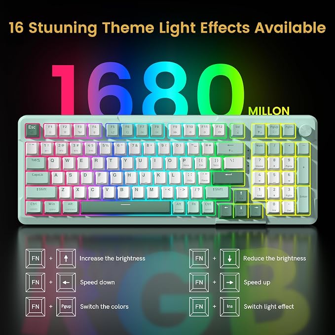 Redragon K742 Bluetooth Wireless Mechanical Gaming Keyboard with Knob | BT5.0/2.4GHz/USB C Creamy Keyboard with Number Pad for PC Computer, RGB Backlits, Hot-Swappable with Linear Switches (Green)