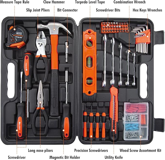 CARTMAN 152-Piece Basic Household Hand Tool Set,with Toolbox Storage Case, All Purpose Home Tool Kit Includes Essential Tools for Office College Repairs Orange