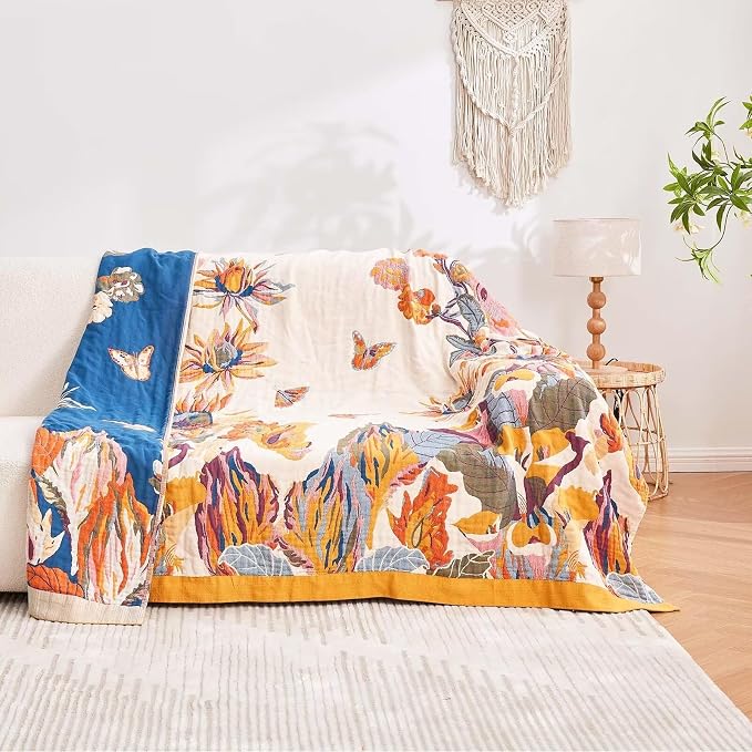 XIBLC Boho Throw Blanket, 100% Cotton Ultra Soft Luxury Throw Rustic Quilt, 90"x98" Floral Bird Butterfly Farmhouse Decor Bed Blankets, All Season Rustic Reversible Bohemian Throw for Bed - Yellow