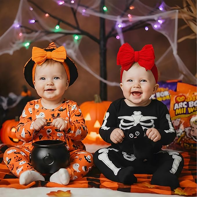 Halloween Baby Girl Bows Newborn Headband Stretchy Double Bows Soft Infant Toddlers (Red& White& Orange)