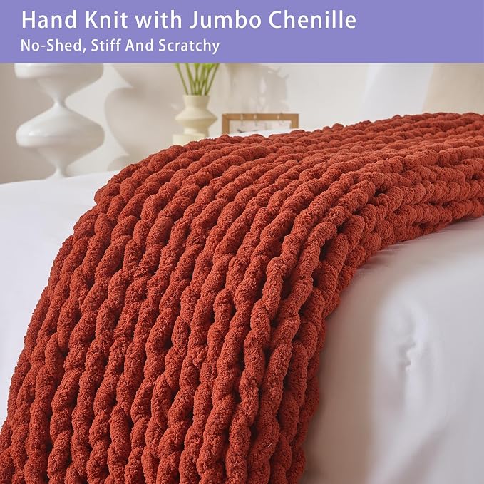 Bigacogo Chunky Knit Throw Blanket for Couch, 51x63 inches, Rust Red | Hand Knit with Jumbo Chenille, Soft Breathable Cable Knit for Sofa Bed Living Room, Machine Washable, Gift for Mom Friend