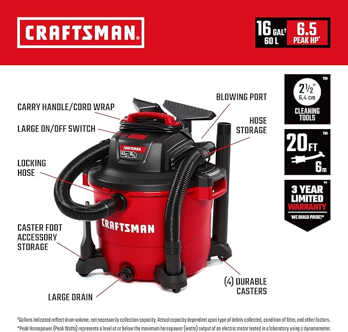 CRAFTSMAN CMXEVBE17595 16 Gallon 6.5 Peak HP Wet Dry Vac, Heavy-Duty Shop Vacuum Wet and Dry with Filter, Dust Bag, Hose and Attachments for Home Projects & Renovations
