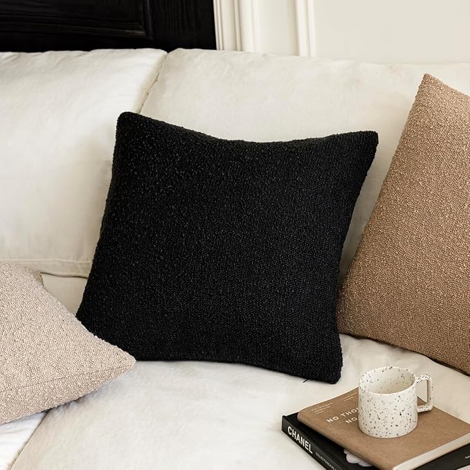 Foindtower Set of 2, Decorative Textured Boucle Throw Pillow Covers Accent Solid Lumbar Pillow Cases Cozy Couch Cushion Case for Chair Sofa Bedroom Living Room Home Decor 12 x 20 Inch Black