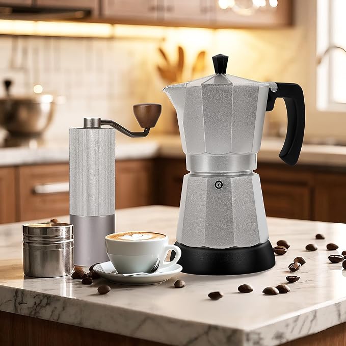 Electric Moka Pot, 3 or 6 Cup Espresso Coffee Maker, Silver | Food-grade aluminum, dose reduction plate, boil-dry protection, auto-stop, detachable base, for Cuban and Italian coffee
