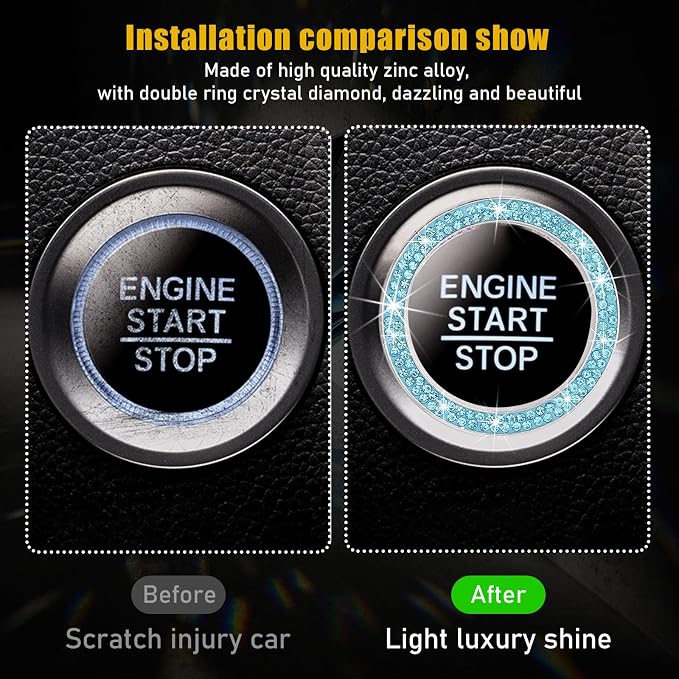 Kewucn Bling Crystal Double Rhinestone Car Engine Start Decoration Ring, Sparkling Push Start Button Sticker, Key Ignition & Knob Ring Decoration, Bling Car Interior Accessory (Lake Blue)