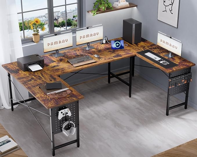 Pamray 71 Inch Large Gaming Desk with Power Outlets U Shaped Computer Desk | Spacious Workspace with USB Charging Ports & Pegboard & Headphone Hooks Suitable for PC Gaming Office Work Study and Writing