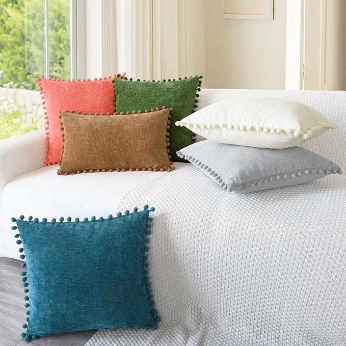 CaliTime Decorative Couch Throw Pillow Covers 16 X 16 Inches Forest Green | Pack of 2, Cozy Chenille Cushion Cases, with Pom Poms for Sofa Bed Living Room Farmhouse Home