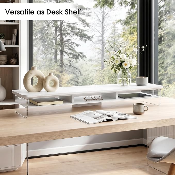 Fenge 42.5" Dual Monitor Stand with Clear Acrylic Legs, White | Clear acrylic, storage compartment, 2-tier home office monitor riser, wide large desktop shelf fit monitor/laptop/printer