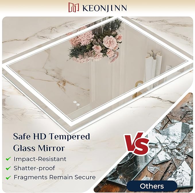 Keonjinn LED Bathroom Mirror with Lights, 40 x 24 Inch Frontlit & Backlit Mirror for Bathroom Wall, HD Tempered Glass, UL-Listed LED Driver, Anti-Fog, 3 Color Temperature, Dimmale, Memory Function
